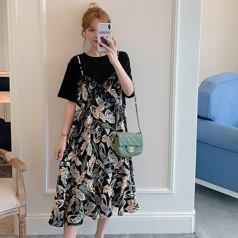 SPRING AND SUMMER CLOTHES NEW KOREAN VERSION PLUS SIZE MATERNITY CLOTHES FAKE TWO DRESSES FOREIGN STYLE BASE SHIRTS FAT MM OVER-THE-KNEE SKIRT TIDE
