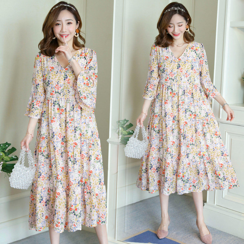 FOREIGN MATERNITY CLOTHES PLUS-SIZE MATERNITY CLOTHES SPRING AND SUMMER LOOSE MID-LENGTH FLORAL DRESS TEMPERAMENT 200 POUND SKIRT