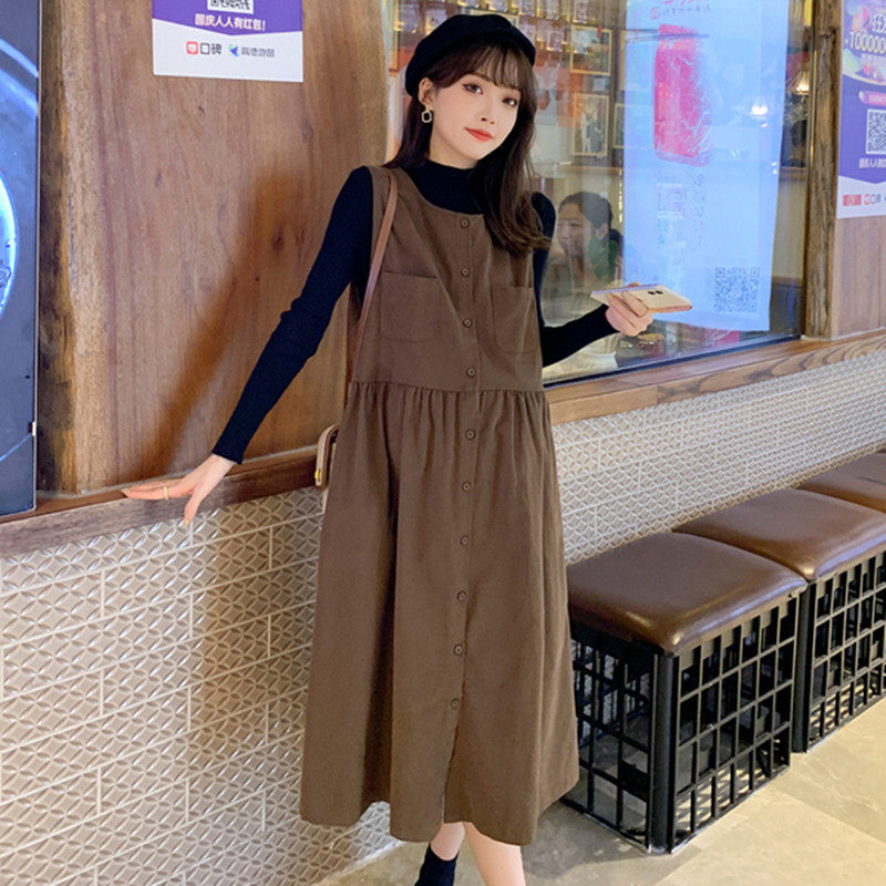 AUTUMN AND WINTER CLOTHES NEW KOREAN VERSION OF MATERNITY CLOTHES LOOSE AND THIN TWO-PIECE SUSPENDER SKIRT TIDE MOM DRESS PREGNANCY SUIT