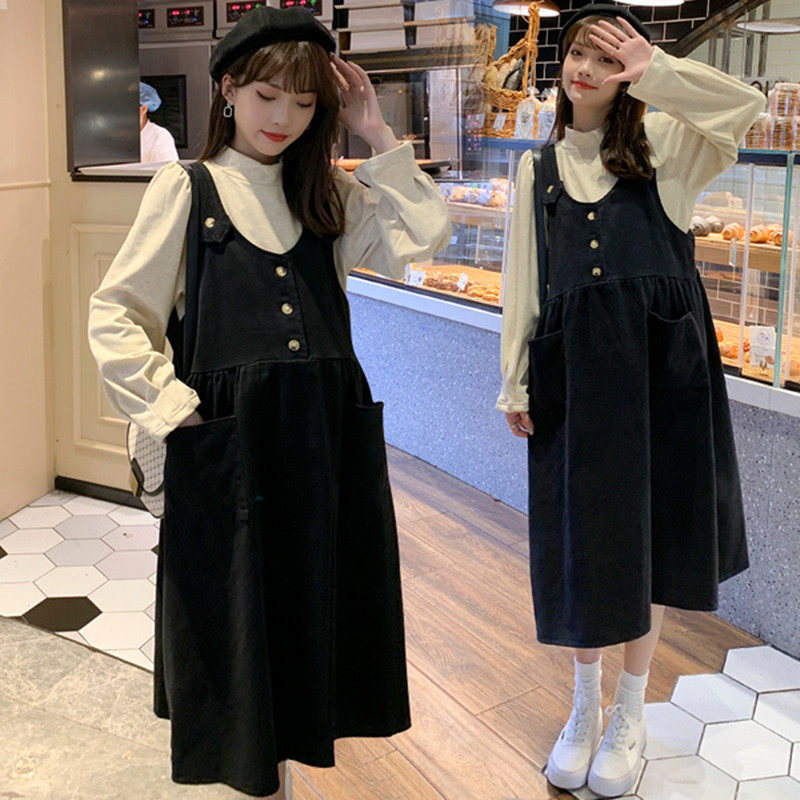 가을 겨울 새로운 한국 스타일 출산 착용 느슨한 투피스 드레스 서양식 코듀로이 서스펜더 스커트 유행 엄마 정장