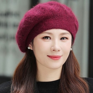 贝雷帽子女冬季 百搭洋气针织毛线帽 中老年人双层加厚妈妈棉帽时尚