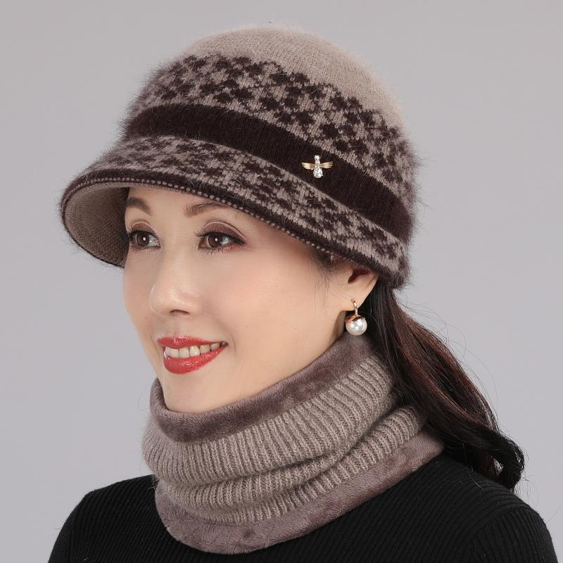 兔毛帽子女秋冬季百搭时尚妈妈毛线帽保暖防寒中老年人盆帽针织帽