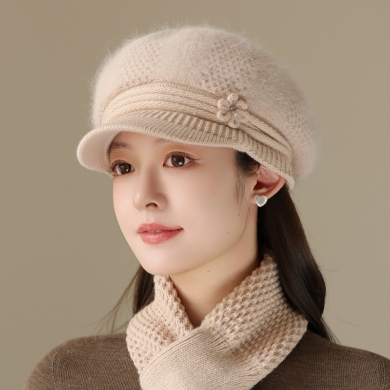 秋冬季女士针织贝雷帽子加厚保暖兔毛鸭舌帽时尚百搭妈妈毛线帽