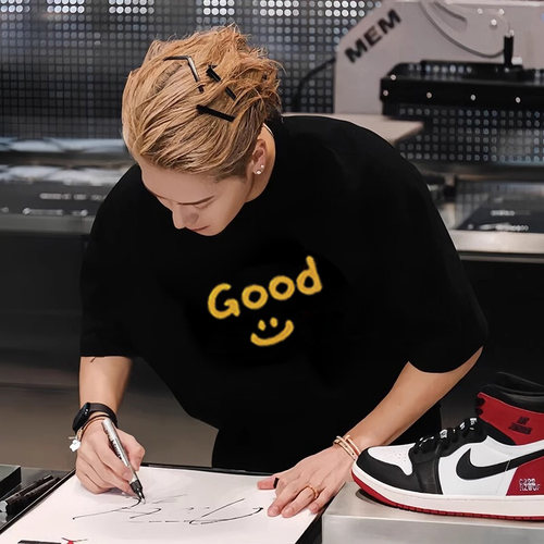 王嘉尔同款Drew bieber good笑脸小众短袖男2025年夏季冰丝T恤