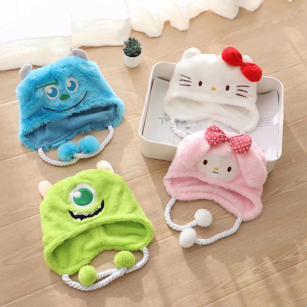 可爱卡通美乐蒂KT蓝色怪物毛绒保暖护耳球球卡通防寒防风帽子