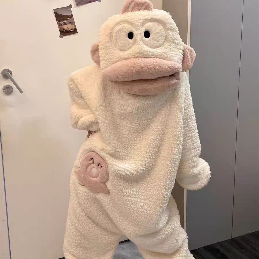 白色丑鱼睡衣连体珊瑚绒秋冬季加厚保暖搞怪卡通睡袍大嘴鱼可外穿