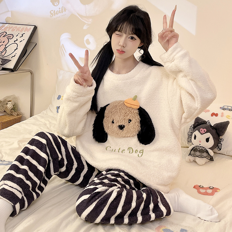 睡衣女2025新款今年流行爆款卡通可爱圆领加厚半边绒家居服套装冬
