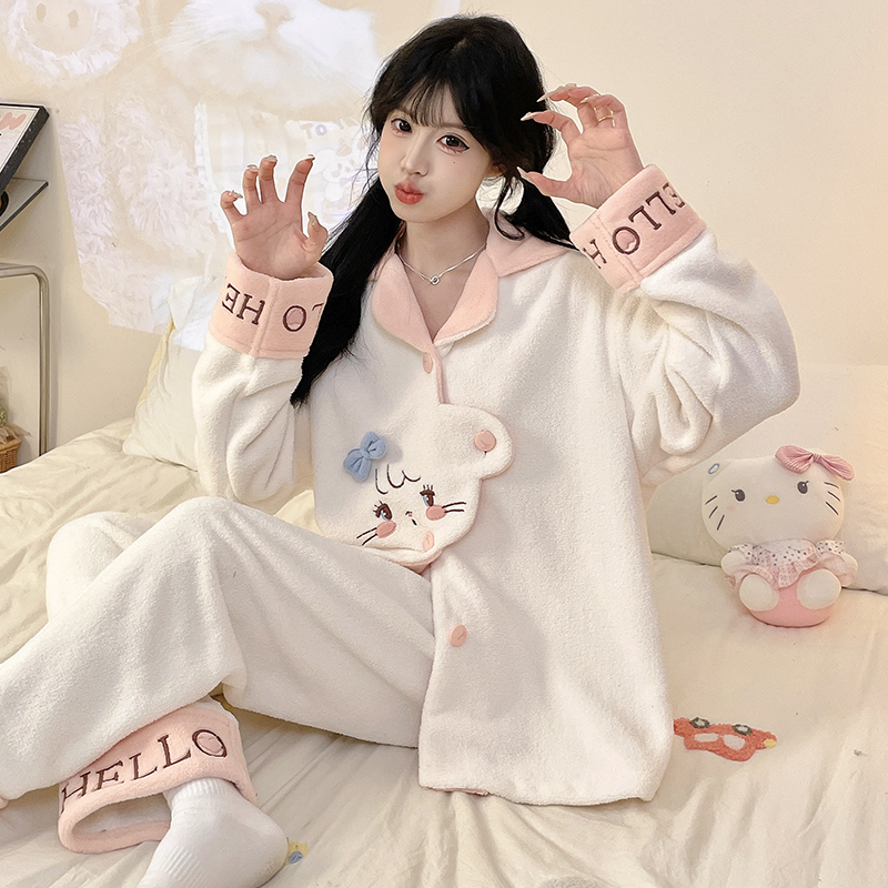 珊瑚绒睡衣女日系可爱开衫家居服