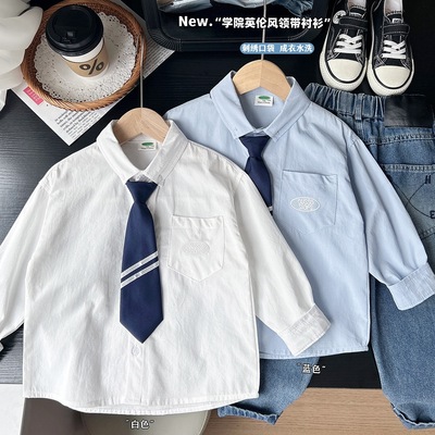 儿童衬衫春秋款纯棉衬衣男童长袖衬衫含领带水洗棉布100-150码段