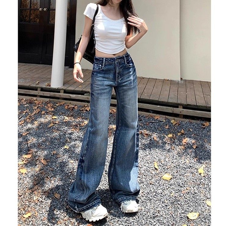 复古秋季高街拖地新款美式喇叭裤2025年低腰修身水洗阔腿牛仔裤女