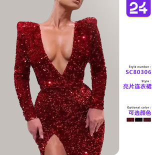 2025跨境INS亚马逊wish欧美女装 绣花亮片礼服开叉长裙 性感深V长袖