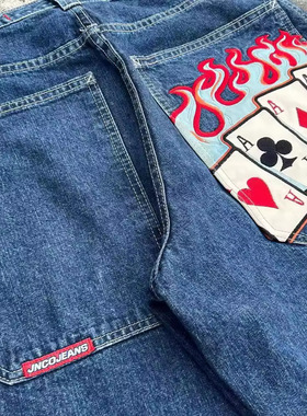 Amazon速卖通亚马逊货源电商街头牛仔裤嘻哈扑克图形印花宽松牛仔