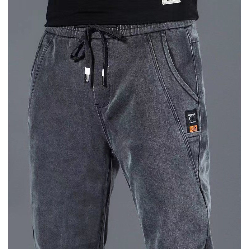 牛仔裤男款潮牌直筒松紧腰休闲小脚长裤子青年百搭春秋冬季加绒裤