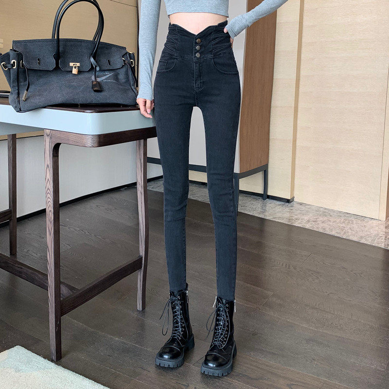 高腰牛仔裤女2022年秋季新款网红浅色修身显瘦显高紧身铅笔小脚裤