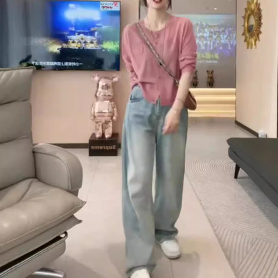 88827大爱美依缘2025新款时尚纯色长袖宽松外套高腰直筒牛仔裤女