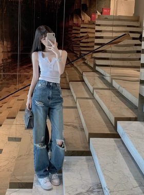 浅蓝色乞丐破洞牛仔裤女宽松直筒夏季韩版个性休闲裤ins一件代发