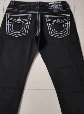 美式高街潮牌真实信仰牛仔裤白色粗线大佛Religion直筒休闲裤男