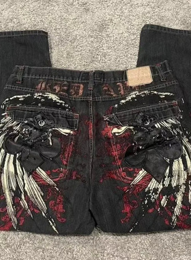 街头服饰Y2K牛仔裤男子原宿嘻哈复古图形宽松牛仔裤新高腰宽裤子