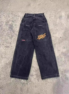Y2K牛仔裤街头服饰原宿嘻哈复古朋克刺绣宽松牛仔裤男高腰阔腿裤