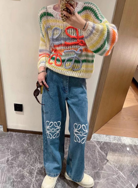 潮牌LOWE经典刺绣牛仔裤女高腰直筒阔腿裤休闲时尚显瘦明星同款裤