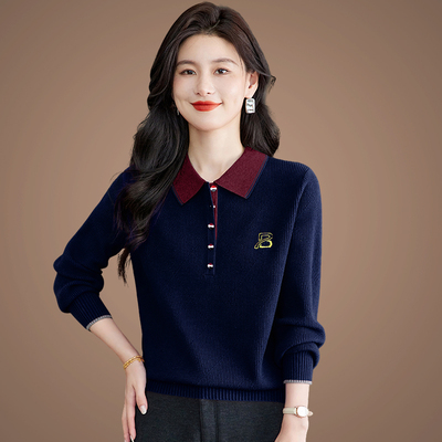 春秋新款翻领针织衫女宽松时尚