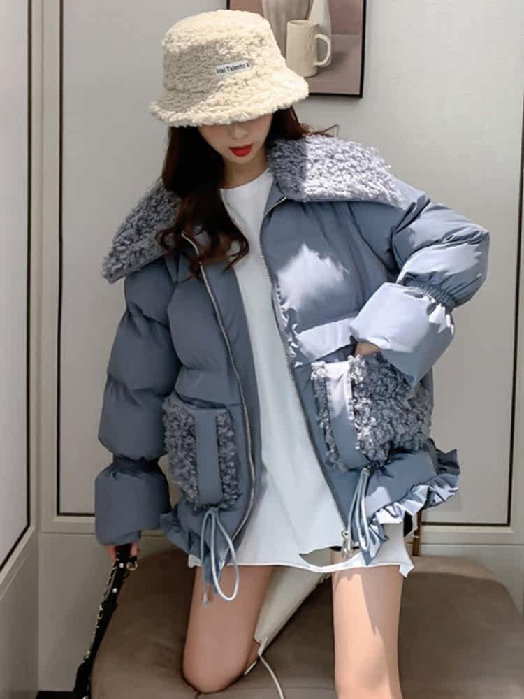 外套女秋冬棉服ins潮2024新款韩版仿羊毛羔拼接面包服花边下摆潮