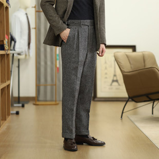 冬款英伦复古钢花呢羊毛西裤 男士廓尔格休闲西裤意式长裤粗花呢