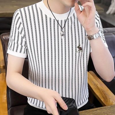 夏季冰丝短袖t恤男士潮牌半袖烫钻针织上衣男装高级感条纹体恤衫