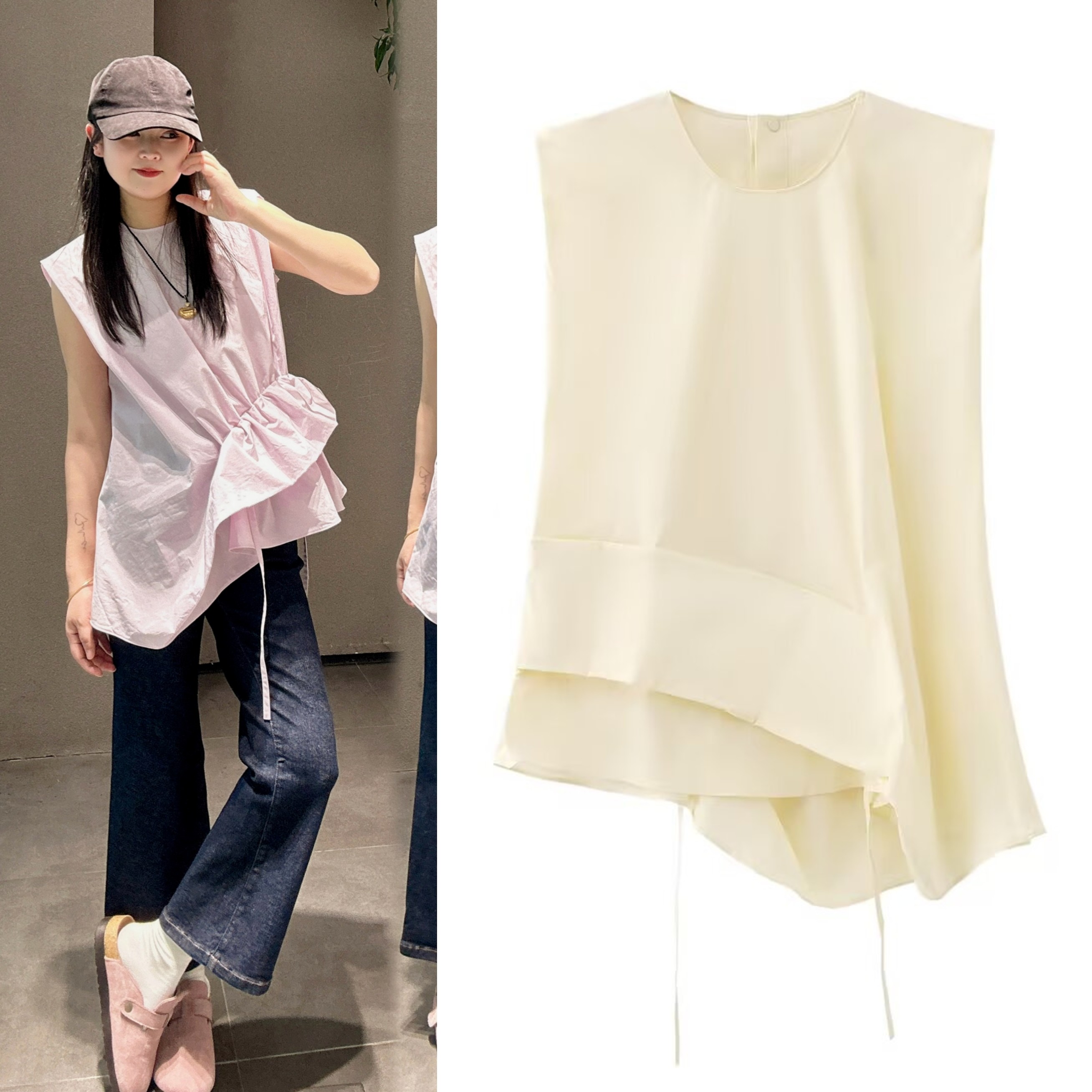 2026夏新品夏日小清新无袖圆领衬衫女收腰捏褶荷叶边不规则设计感