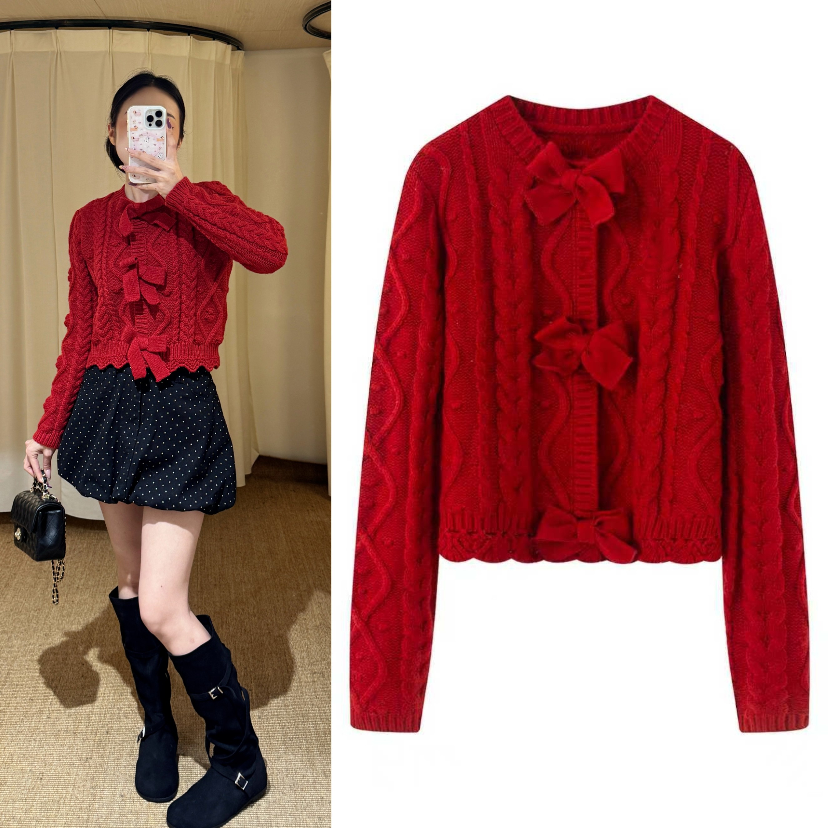 新年红蝴蝶结系带麻花短款开衫外套女2026春季新款红色针织衫上衣