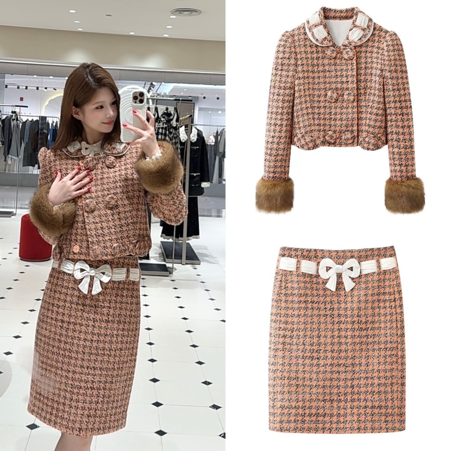 2026早春新品复古小香风彩色千鸟格毛呢短外套蝴蝶结中长半身裙女,女装/女士精品,时尚套装,淘宝优惠券,粉丝福利购,淘宝优惠卷