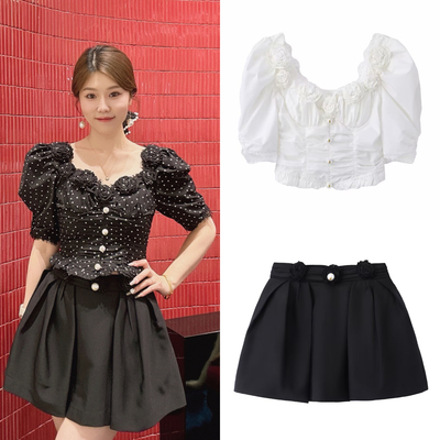 2025夏新款复古波点玫瑰花朵泡泡袖修身褶皱衬衫百搭蛋糕裙小黑裙
