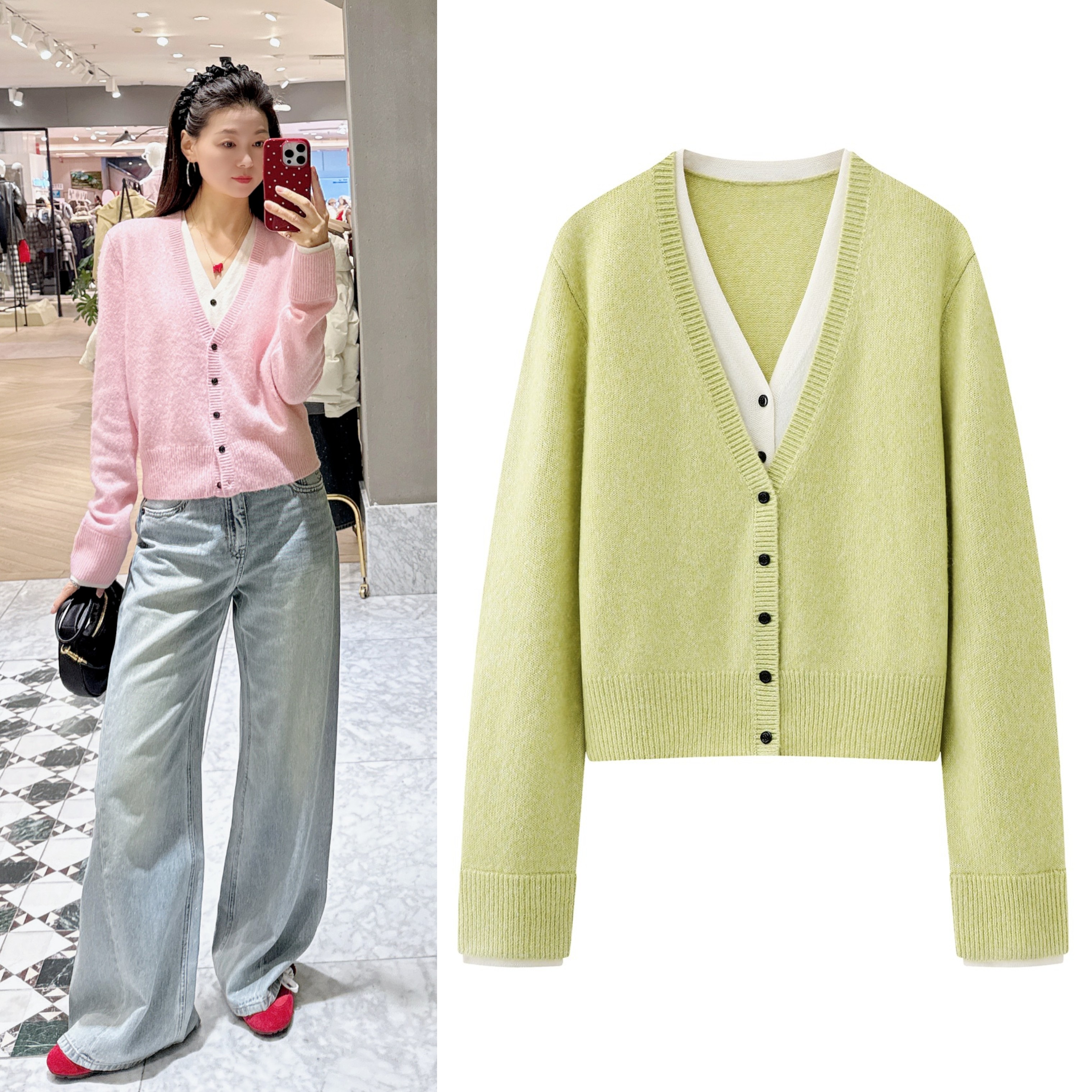 2026早春新款撞色假两件叠穿感V领针织开衫女宽松显瘦毛衣上衣