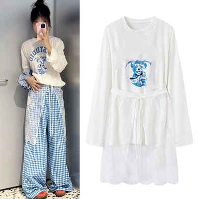 2025早秋新品复古甜美字母印花圆领长袖T恤气蕾丝下摆轻薄上衣