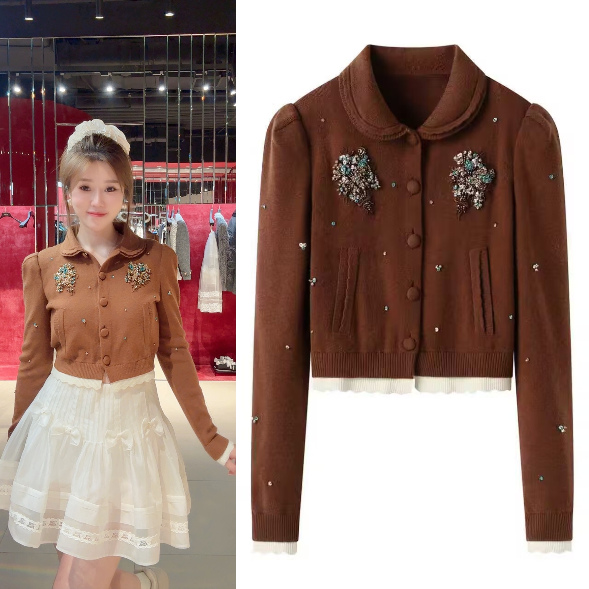 2025秋新品miu系千金风焦糖棕重工花束钉珠娃娃领短针织衫小上衣