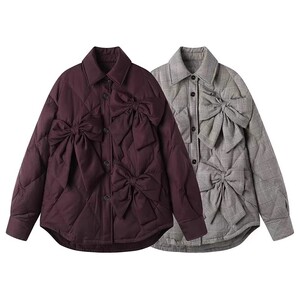 2024冬季新款复古经典立体蝴蝶结衬衫式长袖白鸭绒轻薄羽绒服
