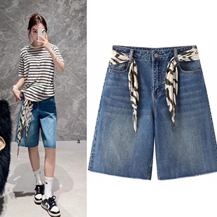 牛仔裤2025夏新品复古丝巾装饰棉质水洗磨中低腰阔腿五分裤