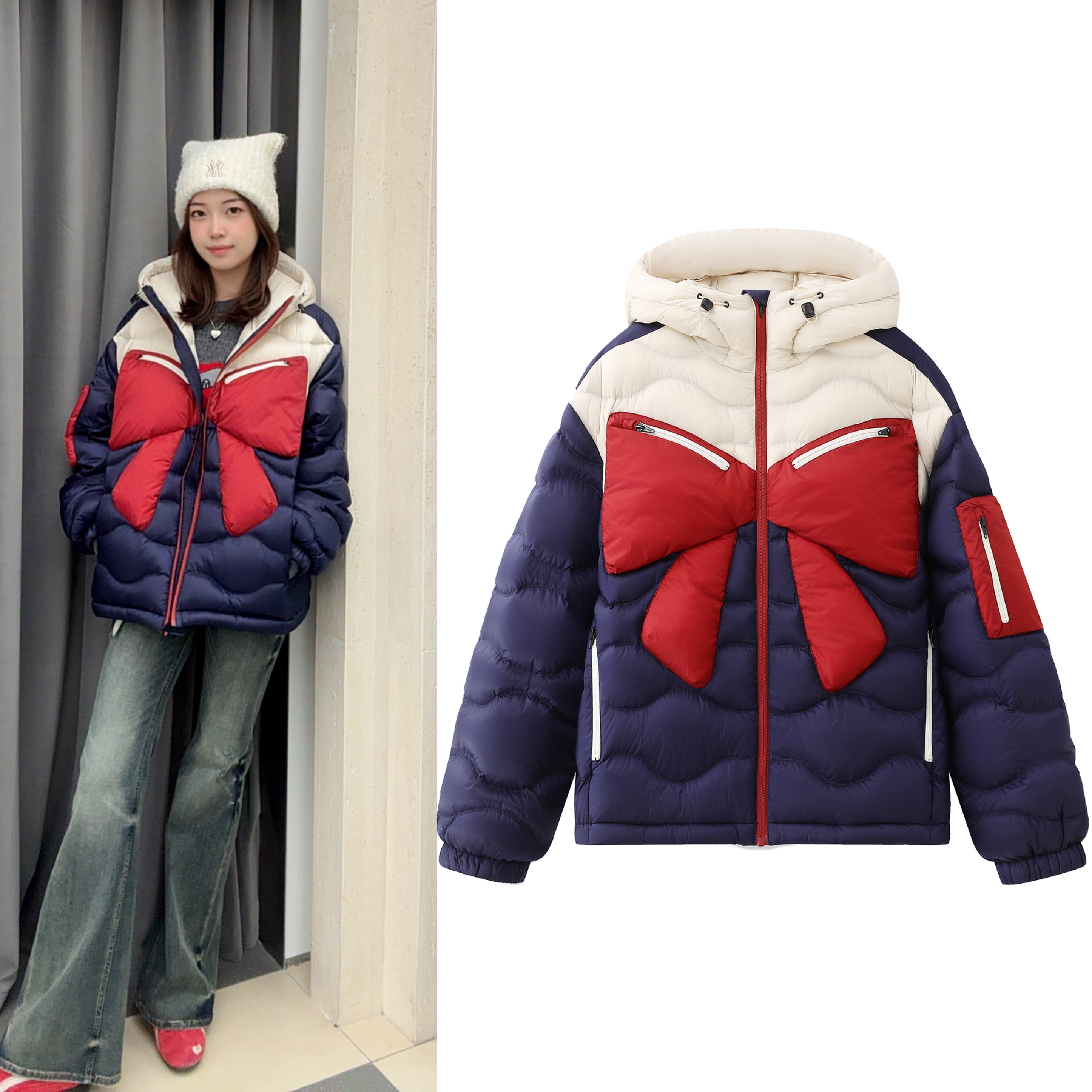 2025冬季新款经典撞色立体蝴蝶结户外加厚保暖连帽羽绒服