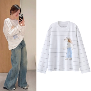 2026春款新品休闲卡通马小姐印花圆领长袖条纹T恤纯棉上衣女