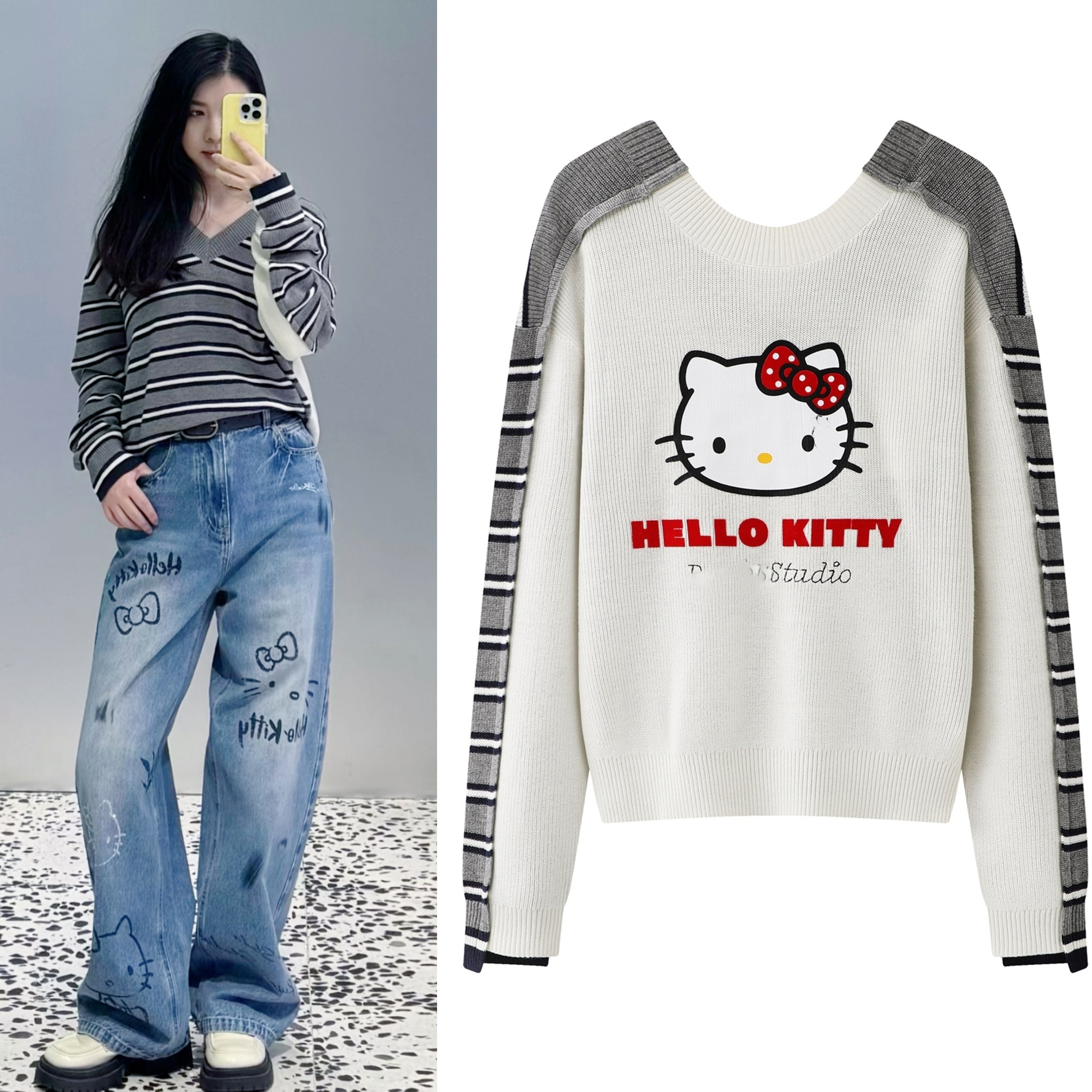 前后两穿拼色毛衣2026早春新款卡通印花圆领套头宽松针织衫上衣