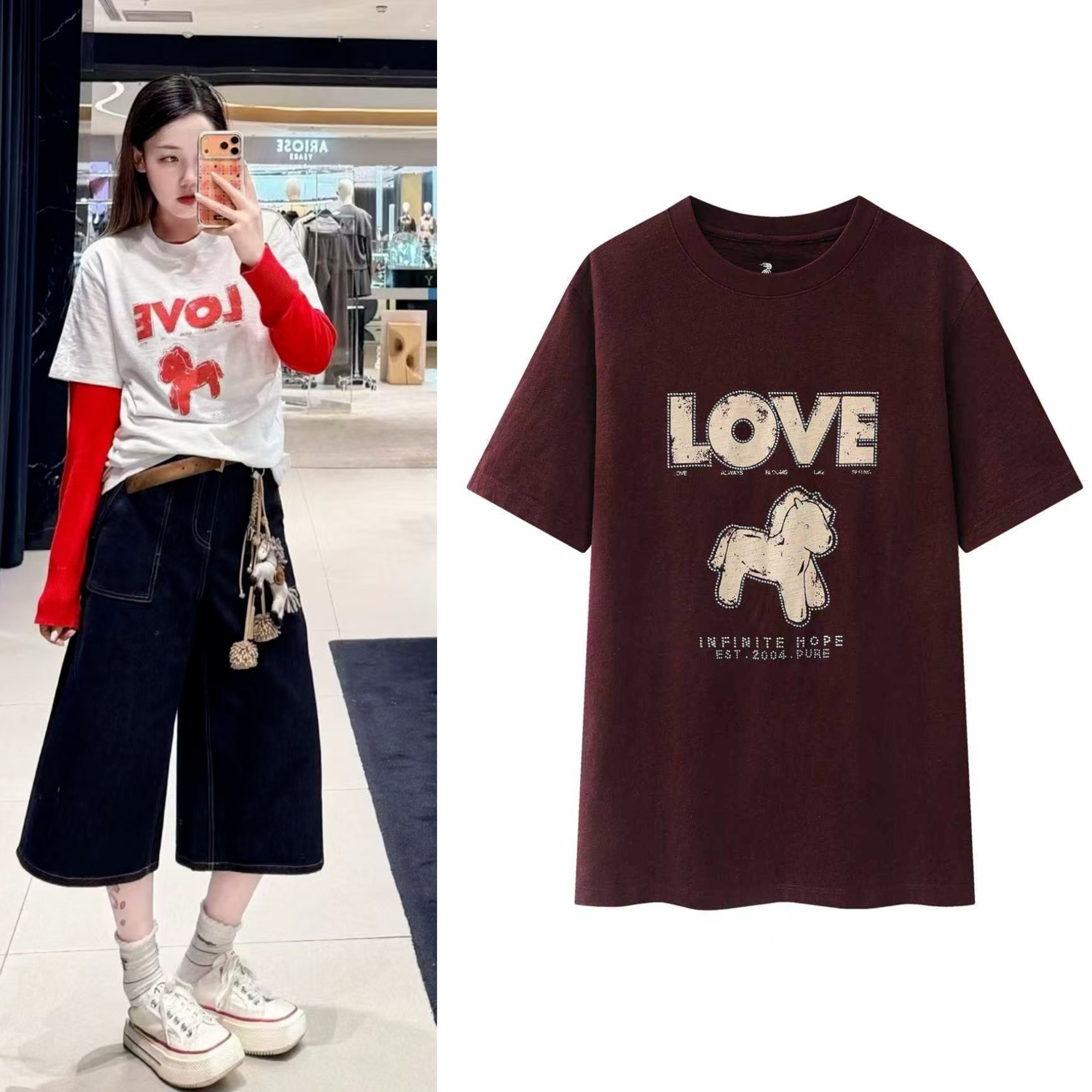 短袖T恤2026春新品马年新年红色小马烫钻印花竹节棉质圆领小上衣