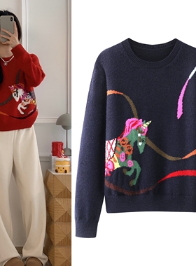 2026早春新品圆领生肖提花小马红色女针织衫新年装套头毛衣