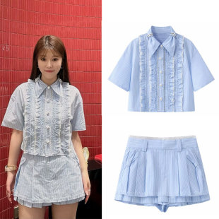 2025夏季新款甜美蓝色珍珠条纹木耳边小个子短袖衬衫百褶裙裤套装