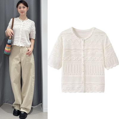 2025夏季新款法式千金风圆领镂空白色短袖针织开衫上衣女