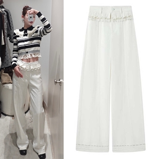 2026早春新品白色双腰头洛可可饰边牛仔直筒阔腿长裤休闲裤