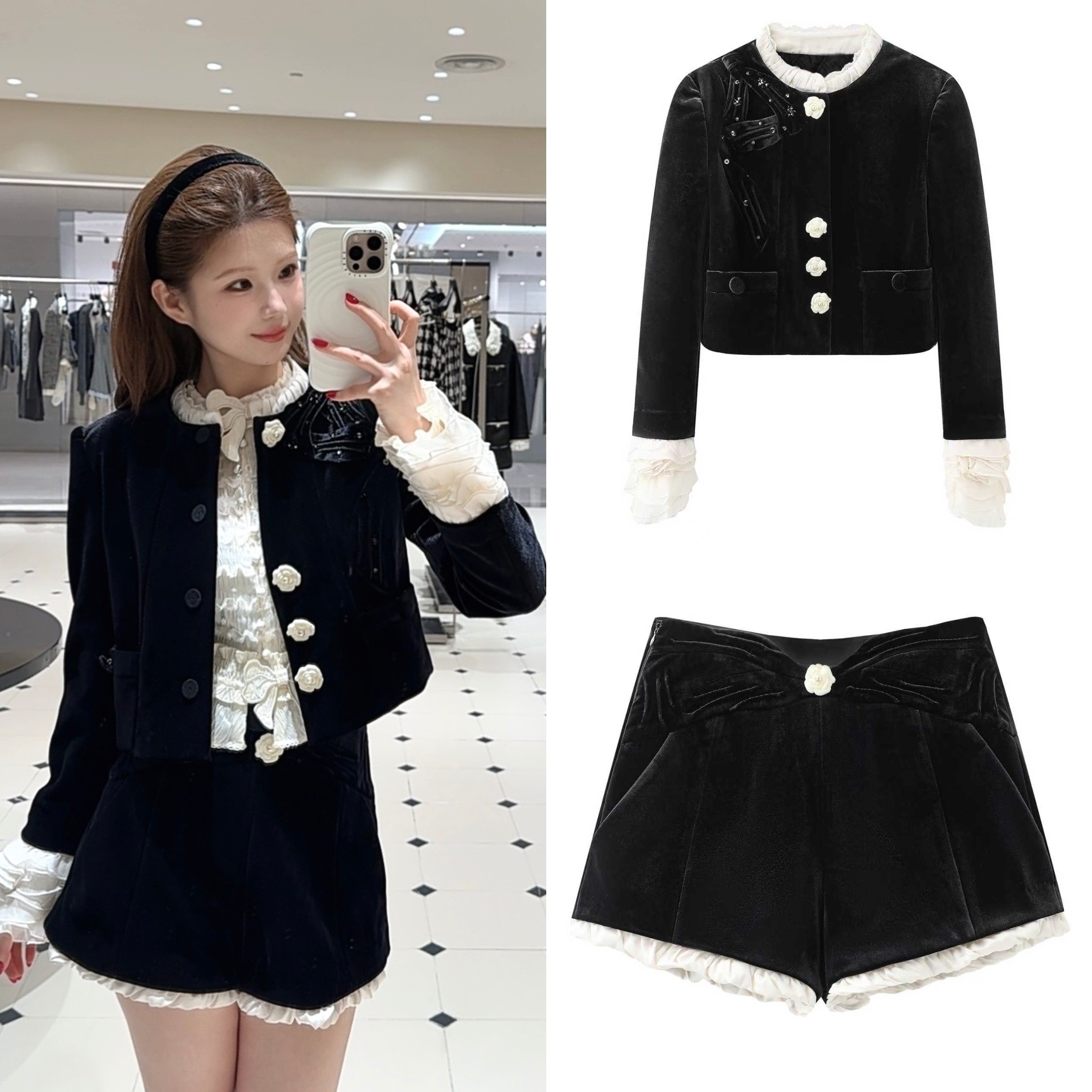 丝绒夹棉外套2026春新款复古立体山茶花短款上衣收腰花边丝绒短裤,女装/女士精品,短外套,淘宝优惠券,粉丝福利购,淘宝优惠卷