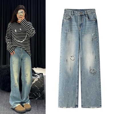 2025秋季新款喷墨涂鸦笑脸牛仔裤女高腰显瘦直筒阔腿磨破长裤子