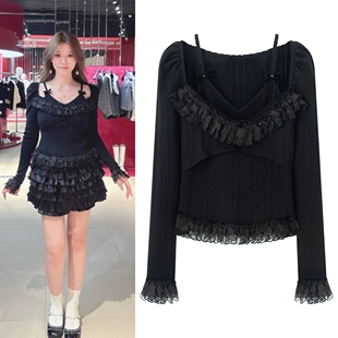 2026早春新品纯欲风假两件暗黑洛可可荷叶边修身显瘦针织上衣