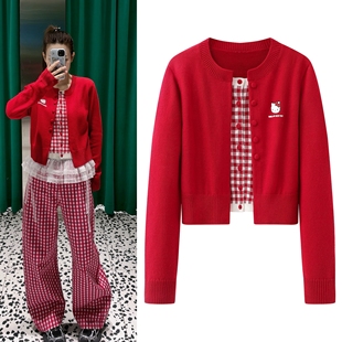 2026春季 女短款 新款 子拼接假两件针织开衫 小上衣 学院风格 新年款