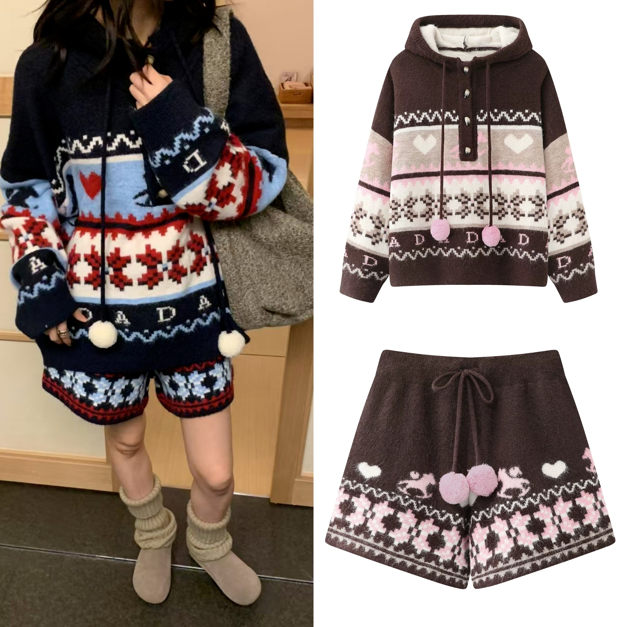 明星同款费尔岛提花连帽毛球慵懒风毛衣2025冬新复古毛织短裤套装,女装/女士精品,毛针织衫,淘宝优惠券,粉丝福利购,淘宝优惠卷